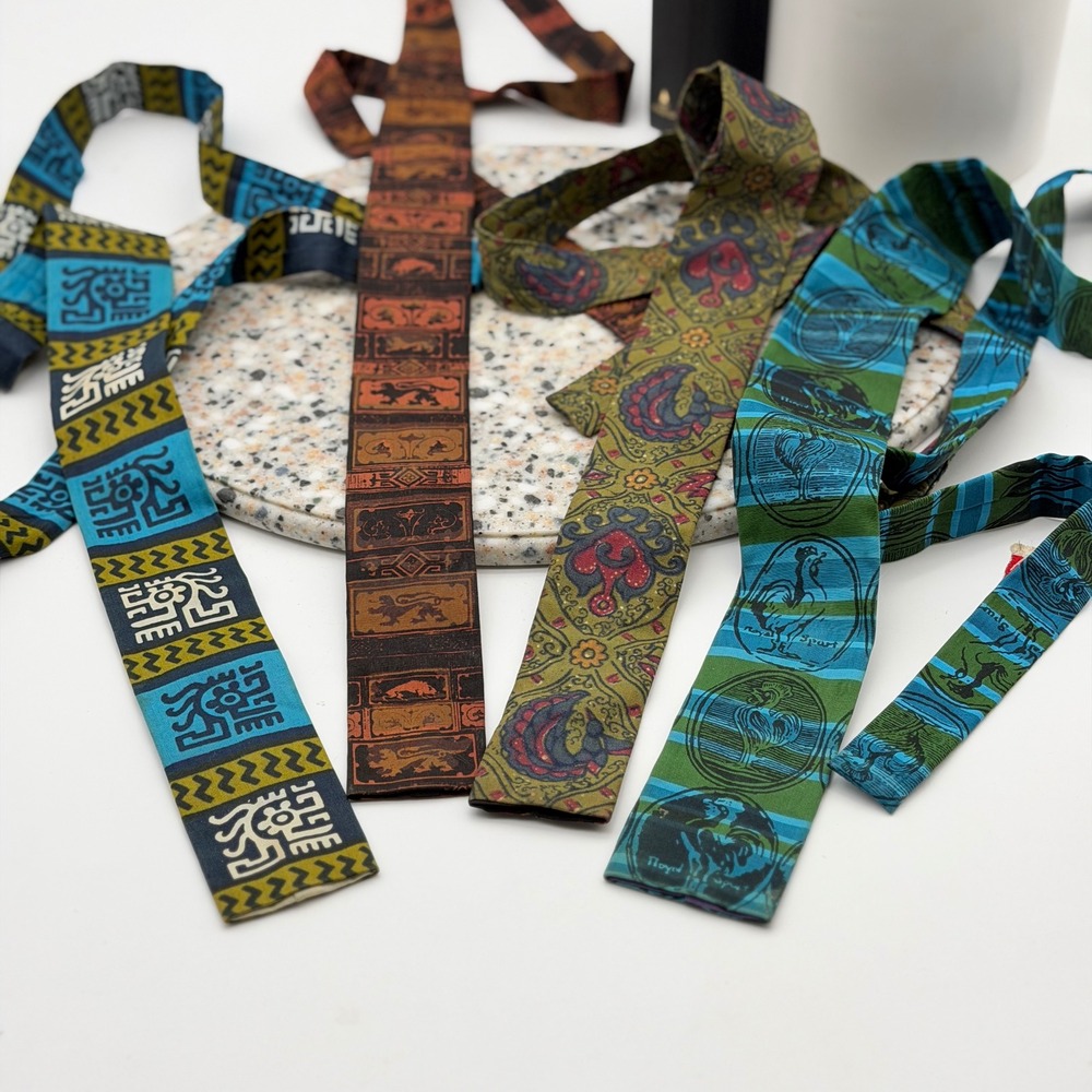 Vintage Rooster Hand Printed Cotton Square End Slim Necktie Lot of 4